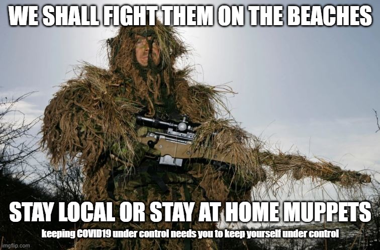 Stay Local or Stay at Home | WE SHALL FIGHT THEM ON THE BEACHES; STAY LOCAL OR STAY AT HOME MUPPETS; keeping COVID19 under control needs you to keep yourself under control | image tagged in day at the beach,covid19,social distancing,pandemic | made w/ Imgflip meme maker