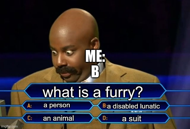 I do not know | ME:
B; what is a furry? a person; a disabled lunatic; a suit; an animal | image tagged in who wants to be a millionaire | made w/ Imgflip meme maker