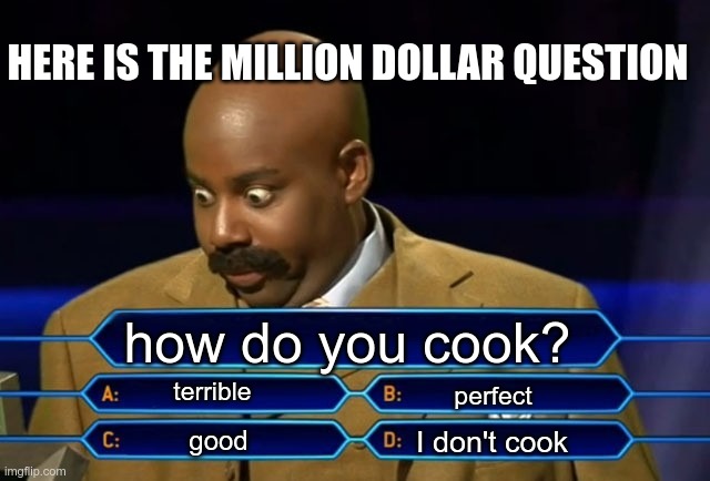 I do cook | HERE IS THE MILLION DOLLAR QUESTION; how do you cook? terrible; perfect; I don't cook; good | image tagged in who wants to be a millionaire | made w/ Imgflip meme maker