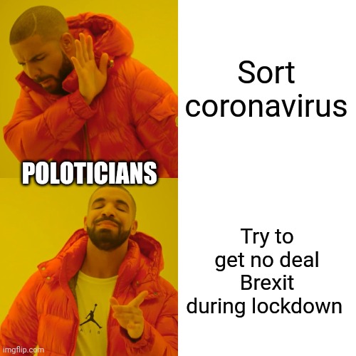 Drake Hotline Bling Meme | Sort coronavirus; POLOTICIANS; Try to get no deal Brexit during lockdown | image tagged in memes,drake hotline bling | made w/ Imgflip meme maker