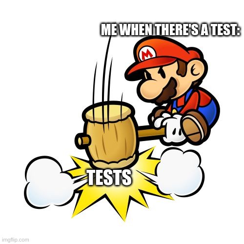 When there's a test: | ME WHEN THERE'S A TEST:; TESTS | image tagged in memes,mario hammer smash | made w/ Imgflip meme maker