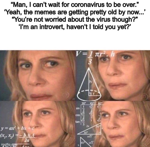 *proceeds to calculate the logic in this guy* | “Man, I can’t wait for coronavirus to be over.”
‘Yeah, the memes are getting pretty old by now...’
“You’re not worried about the virus though?”

‘I’m an introvert, haven’t I told you yet?’ | image tagged in math lady/confused lady | made w/ Imgflip meme maker