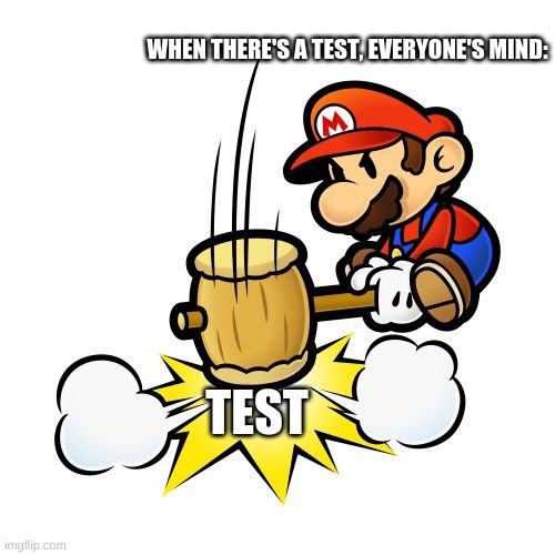 How we truly feel about tests... | WHEN THERE'S A TEST, EVERYONE'S MIND:; TEST | image tagged in memes,mario hammer smash | made w/ Imgflip meme maker