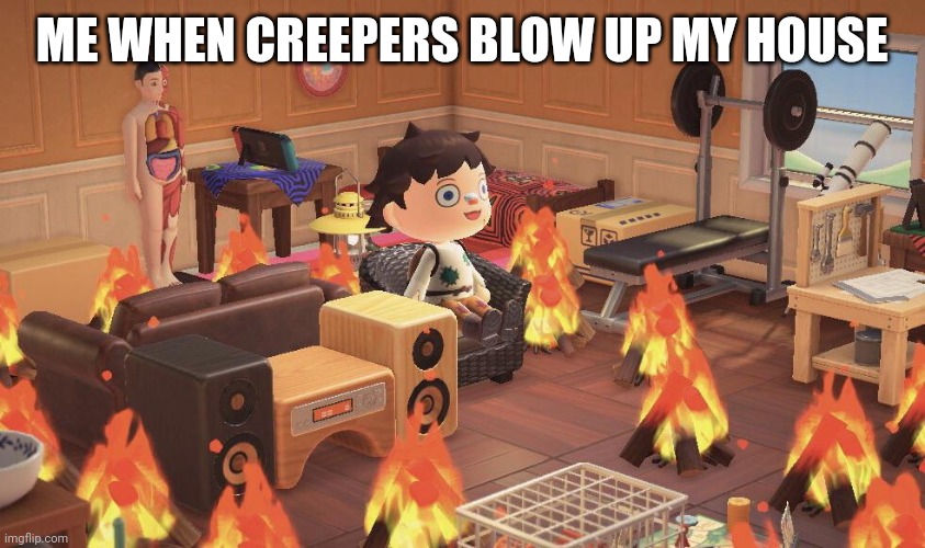 Animal Crossing This Is Fine | ME WHEN CREEPERS BLOW UP MY HOUSE | image tagged in animal crossing this is fine | made w/ Imgflip meme maker