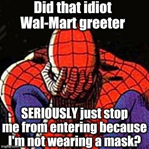 Frustrated Spider-Man | Did that idiot Wal-Mart greeter; SERIOUSLY just stop me from entering because I'm not wearing a mask? | image tagged in memes,sad spiderman,spiderman | made w/ Imgflip meme maker