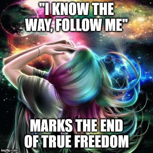 Freedom Isn't Following | "I KNOW THE WAY, FOLLOW ME"; MARKS THE END OF TRUE FREEDOM | image tagged in cosmic concience | made w/ Imgflip meme maker