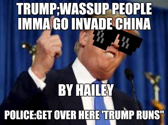 Donlad trump | TRUMP;WASSUP PEOPLE IMMA GO INVADE CHINA; BY HAILEY; POLICE:GET OVER HERE 'TRUMP RUNS" | image tagged in donlad trump | made w/ Imgflip meme maker