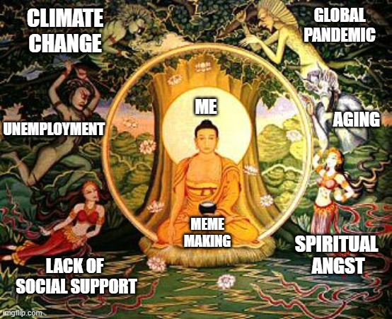 Eye of the Storm | CLIMATE
CHANGE; GLOBAL
PANDEMIC; ME; AGING; UNEMPLOYMENT; MEME MAKING; SPIRITUAL
 ANGST; LACK OF 
SOCIAL SUPPORT | image tagged in meditation | made w/ Imgflip meme maker