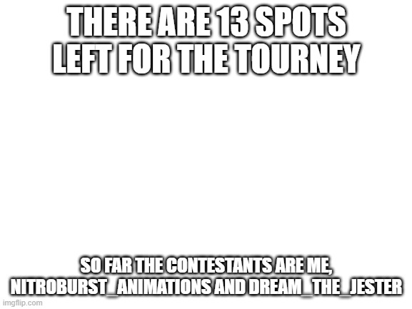 Just a quick update |  THERE ARE 13 SPOTS LEFT FOR THE TOURNEY; SO FAR THE CONTESTANTS ARE ME, NITROBURST_ANIMATIONS AND DREAM_THE_JESTER | image tagged in blank white template | made w/ Imgflip meme maker