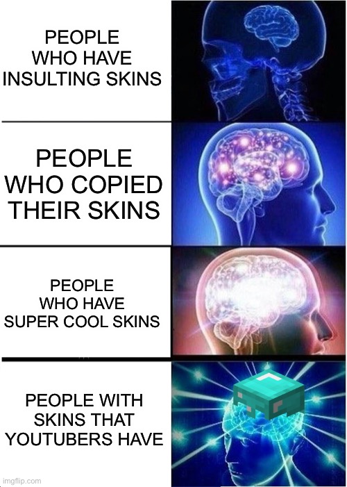 Expanding Brain Meme | PEOPLE WHO HAVE INSULTING SKINS PEOPLE WHO COPIED THEIR SKINS PEOPLE WHO HAVE SUPER COOL SKINS PEOPLE WITH SKINS THAT YOUTUBERS HAVE | image tagged in memes,expanding brain | made w/ Imgflip meme maker