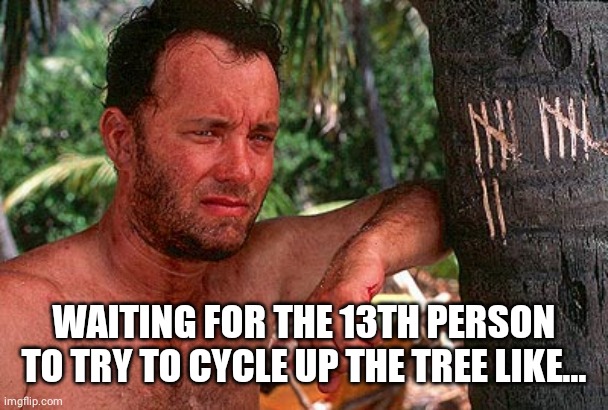 Tom Hanks Castaway tree | WAITING FOR THE 13TH PERSON TO TRY TO CYCLE UP THE TREE LIKE... | image tagged in tom hanks castaway tree | made w/ Imgflip meme maker
