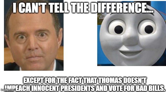 Small difference | I CAN'T TELL THE DIFFERENCE... EXCEPT FOR THE FACT THAT THOMAS DOESN'T IMPEACH INNOCENT PRESIDENTS AND VOTE FOR BAD BILLS. | image tagged in starter pack | made w/ Imgflip meme maker