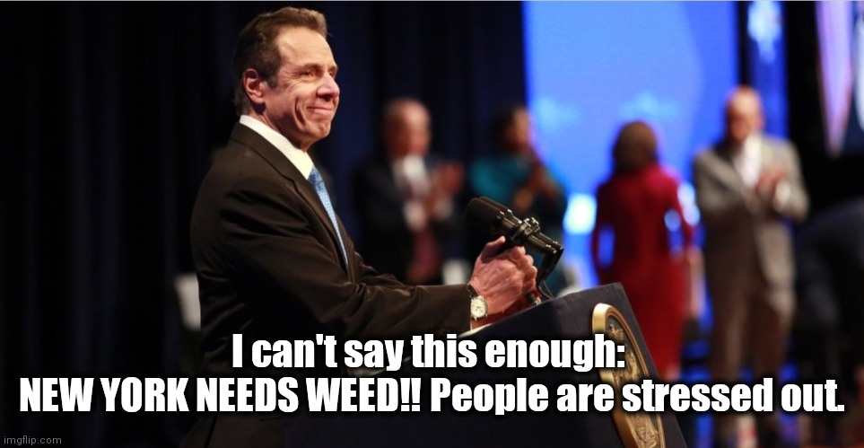 Cuomo to legalize marijuana in 2021 | I can't say this enough: 
NEW YORK NEEDS WEED‼ People are stressed out. | image tagged in andrew cuomo,smoke weed everyday,stressed out,the daily struggle | made w/ Imgflip meme maker