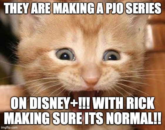 I'M SO EXCITED!!!!!!!!!!!!!!!!!!!!!!!!!!!!!!!!!!!!!!!!!! |  THEY ARE MAKING A PJO SERIES; ON DISNEY+!!! WITH RICK MAKING SURE ITS NORMAL!! | image tagged in memes,excited cat,pjo,rick riordan | made w/ Imgflip meme maker
