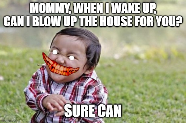 Evil Toddler | MOMMY, WHEN I WAKE UP, CAN I BLOW UP THE HOUSE FOR YOU? SURE CAN | image tagged in memes,evil toddler | made w/ Imgflip meme maker