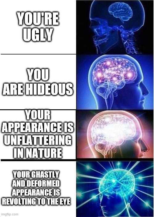 Expanding Brain Meme | YOU'RE UGLY; YOU ARE HIDEOUS; YOUR APPEARANCE IS UNFLATTERING IN NATURE; YOUR GHASTLY AND DEFORMED APPEARANCE IS REVOLTING TO THE EYE | image tagged in memes,expanding brain | made w/ Imgflip meme maker
