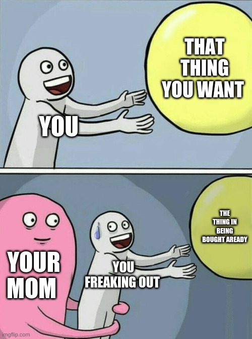 Running Away Balloon Meme | THAT THING YOU WANT; YOU; THE THING IN BEING BOUGHT AREADY; YOUR MOM; YOU FREAKING OUT | image tagged in memes,running away balloon | made w/ Imgflip meme maker