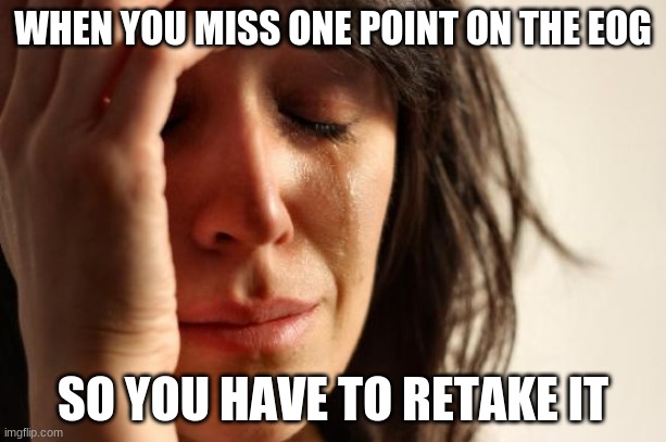 First World Problems Meme |  WHEN YOU MISS ONE POINT ON THE EOG; SO YOU HAVE TO RETAKE IT | image tagged in memes,first world problems | made w/ Imgflip meme maker