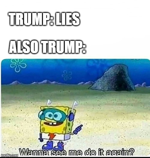 Spongegi Trump | TRUMP: LIES; ALSO TRUMP: | image tagged in spongebob wanna see me do it again | made w/ Imgflip meme maker