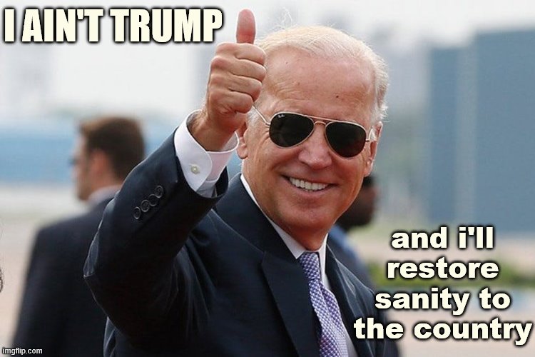 When they challenge you to make a pro-Biden meme. He ain't the most exciting by a long-shot, but at this point, he'll do. | I AIN'T TRUMP; and i'll restore sanity to the country | image tagged in biden thumbs up,joe biden,thumbs up,sunglasses,election 2020,biden | made w/ Imgflip meme maker