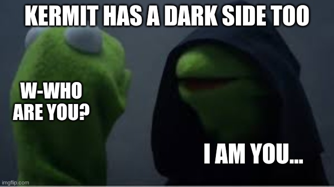 Dark Kermit | KERMIT HAS A DARK SIDE TOO; W-WHO ARE YOU? I AM YOU... | image tagged in kermit the frog,evil kermit | made w/ Imgflip meme maker