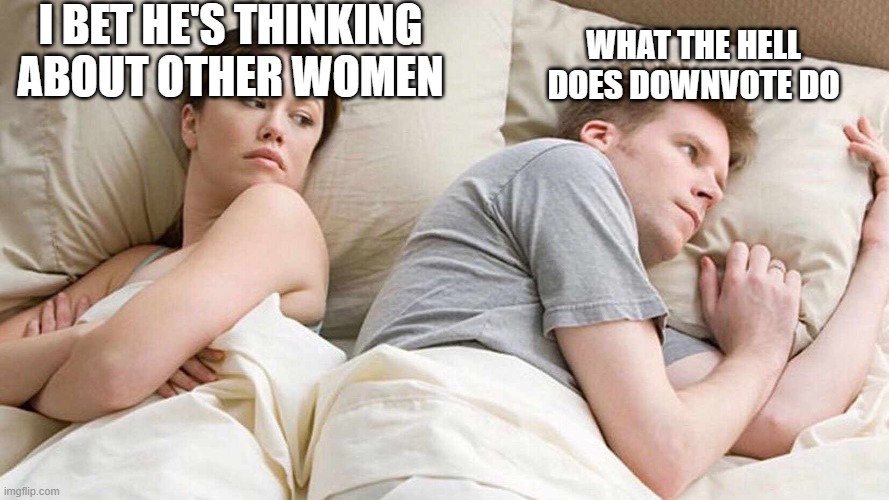 I Bet He's Thinking About Other Women Meme | I BET HE'S THINKING ABOUT OTHER WOMEN; WHAT THE HELL DOES DOWNVOTE DO | image tagged in i bet he's thinking about other women,memes,good question,imgflip,imgflip points | made w/ Imgflip meme maker