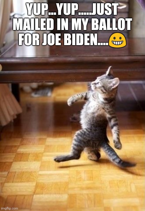 Cool Cat Stroll Meme | YUP...YUP.....JUST MAILED IN MY BALLOT FOR JOE BIDEN....😀 | image tagged in memes,cool cat stroll | made w/ Imgflip meme maker
