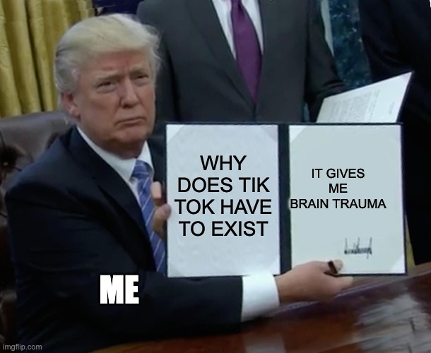 Trump Bill Signing | WHY DOES TIK TOK HAVE TO EXIST; IT GIVES ME BRAIN TRAUMA; ME | image tagged in memes,trump bill signing | made w/ Imgflip meme maker