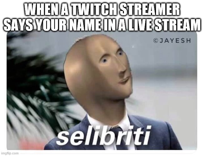 meme man selibriti | WHEN A TWITCH STREAMER SAYS YOUR NAME IN A LIVE STREAM | image tagged in meme man selibriti | made w/ Imgflip meme maker