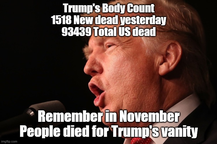 PeopleDiedForTrumpsVanity | Trump's Body Count
1518 New dead yesterday
93439 Total US dead; Remember in November
People died for Trump's vanity | image tagged in trump,covid,covidiots | made w/ Imgflip meme maker