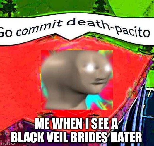 Go commit deathpacito | ME WHEN I SEE A BLACK VEIL BRIDES HATER | image tagged in go commit deathpacito,black veil brides,bvb | made w/ Imgflip meme maker
