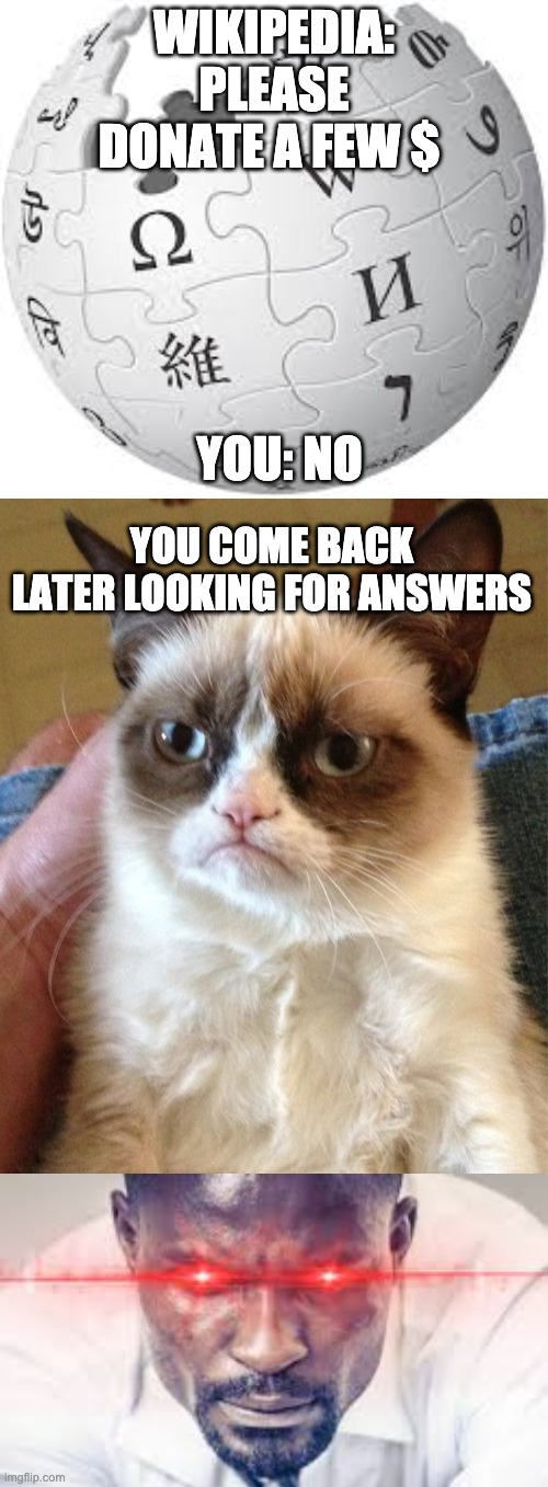 Wikipedia | WIKIPEDIA: PLEASE DONATE A FEW $; YOU: NO; YOU COME BACK LATER LOOKING FOR ANSWERS | image tagged in memes,grumpy cat | made w/ Imgflip meme maker