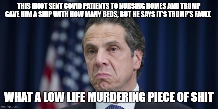 Andrew Cuomo | THIS IDIOT SENT COVID PATIENTS TO NURSING HOMES AND TRUMP GAVE HIM A SHIP WITH HOW MANY BEDS, BUT HE SAYS IT'S TRUMP'S FAULT. WHAT A LOW LIFE MURDERING PIECE OF SHIT | image tagged in andrew cuomo | made w/ Imgflip meme maker