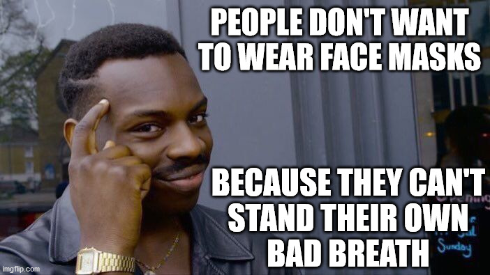 Roll Safe Think About It | PEOPLE DON'T WANT TO WEAR FACE MASKS; BECAUSE THEY CAN'T
STAND THEIR OWN
BAD BREATH | image tagged in memes,roll safe think about it,face mask,bad breath,well yes but actually no,one does not simply | made w/ Imgflip meme maker