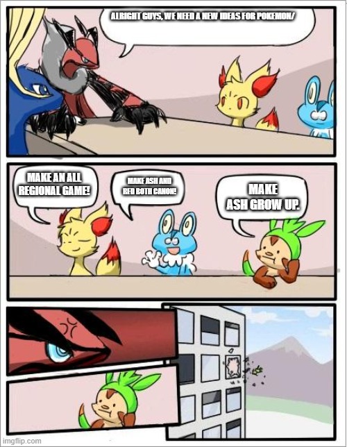 Pokemon boardroom meeting | ALRIGHT GUYS, WE NEED A NEW IDEAS FOR POKEMON/; MAKE AN ALL REGIONAL GAME! MAKE ASH AND RED BOTH CANON! MAKE ASH GROW UP. | image tagged in pokemon boardroom meeting | made w/ Imgflip meme maker