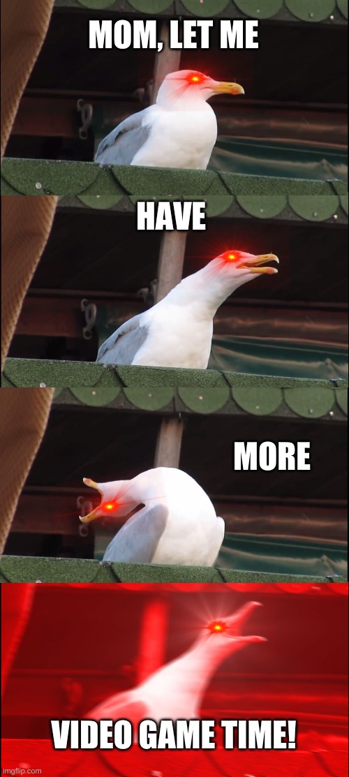 Inhaling Seagull Meme | MOM, LET ME; HAVE; MORE; VIDEO GAME TIME! | image tagged in memes,inhaling seagull | made w/ Imgflip meme maker