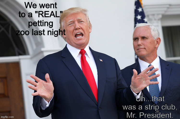 Trump Strip ClubT | We went to a "REAL" petting zoo last night; Uh...that was a strip club, Mr. President. | image tagged in donald trump,strip club | made w/ Imgflip meme maker