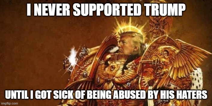 God-Emperor Trump | I NEVER SUPPORTED TRUMP UNTIL I GOT SICK OF BEING ABUSED BY HIS HATERS | image tagged in god-emperor trump | made w/ Imgflip meme maker