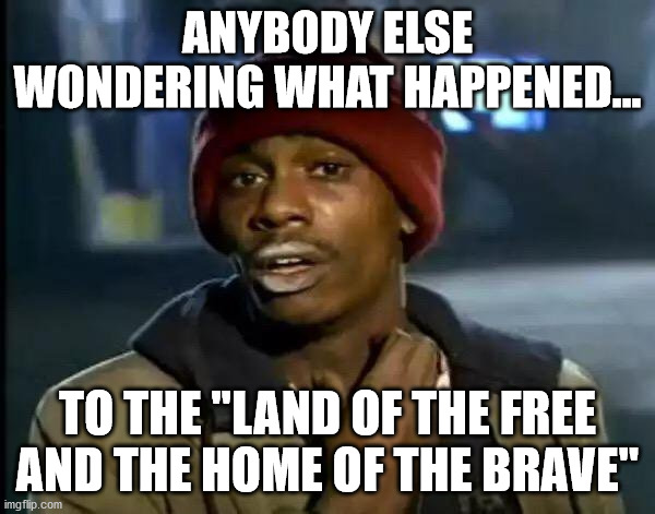 We were free because we were brave. when we stopped being brave our freedoms started being taken away. | ANYBODY ELSE WONDERING WHAT HAPPENED... TO THE "LAND OF THE FREE AND THE HOME OF THE BRAVE" | image tagged in memes,y'all got any more of that,freedom,'merica | made w/ Imgflip meme maker