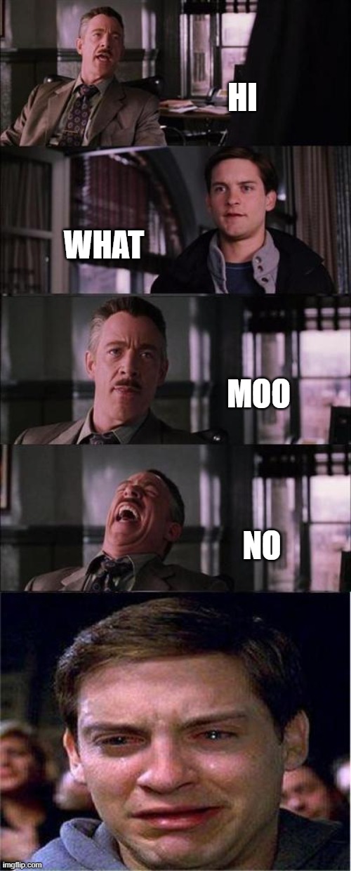 yes | HI; WHAT; MOO; NO | image tagged in memes,peter parker cry | made w/ Imgflip meme maker