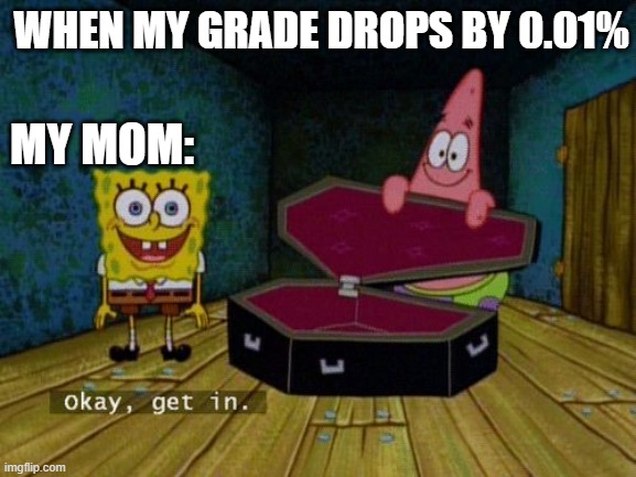 Okay Get In | WHEN MY GRADE DROPS BY 0.01%; MY MOM: | image tagged in okay get in | made w/ Imgflip meme maker
