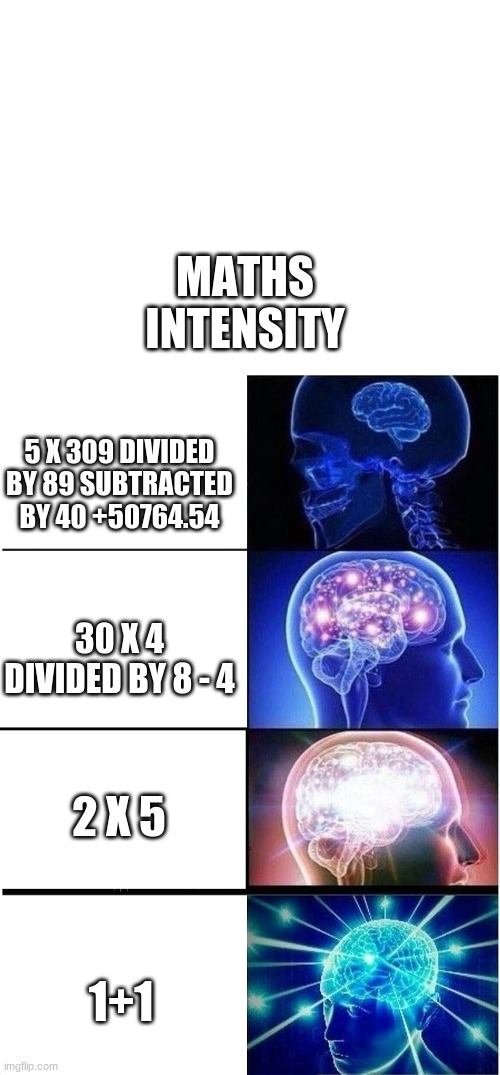 MATH!!!!!!! | MATHS INTENSITY; 5 X 309 DIVIDED BY 89 SUBTRACTED BY 40 +50764.54; 30 X 4 DIVIDED BY 8 - 4; 2 X 5; 1+1 | image tagged in blank white template,memes,expanding brain | made w/ Imgflip meme maker