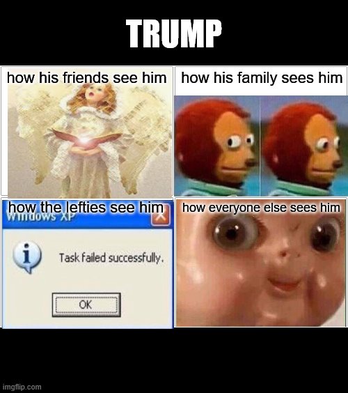 Blank Comic Panel 2x2 | TRUMP; how his friends see him; how his family sees him; how the lefties see him; how everyone else sees him | image tagged in memes,blank comic panel 2x2 | made w/ Imgflip meme maker