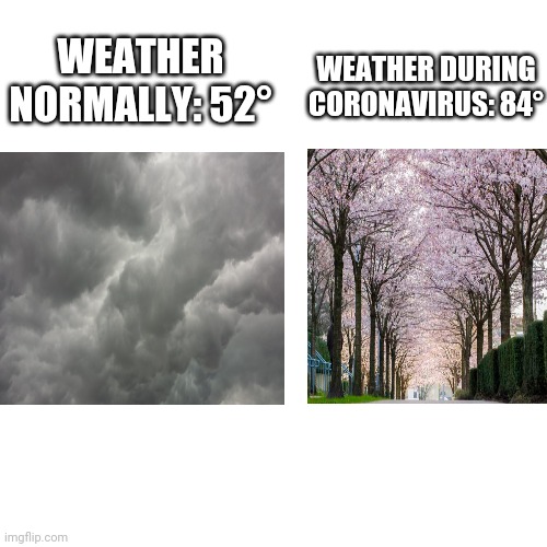 reeeeeeee | WEATHER DURING CORONAVIRUS: 84°; WEATHER NORMALLY: 52° | image tagged in memes,blank transparent square,weather,before and after corona | made w/ Imgflip meme maker
