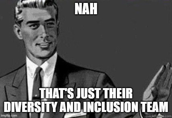 Calm down | NAH THAT'S JUST THEIR DIVERSITY AND INCLUSION TEAM | image tagged in calm down | made w/ Imgflip meme maker