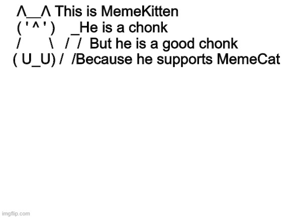 Blank White Template |  Λ＿Λ This is MemeKitten
   ( ' ^ ' )    _He is a chonk
   /       \   /  /  But he is a good chonk
  ( U_U) /  /Because he supports MemeCat | image tagged in blank white template | made w/ Imgflip meme maker