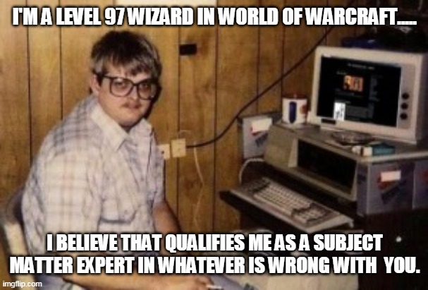 WoW Expert | I'M A LEVEL 97 WIZARD IN WORLD OF WARCRAFT..... I BELIEVE THAT QUALIFIES ME AS A SUBJECT MATTER EXPERT IN WHATEVER IS WRONG WITH  YOU. | image tagged in mom's basement guy | made w/ Imgflip meme maker