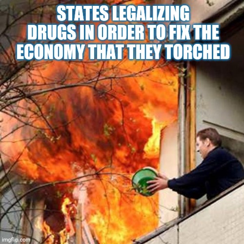 fire idiot bucket water | STATES LEGALIZING DRUGS IN ORDER TO FIX THE ECONOMY THAT THEY TORCHED | image tagged in fire idiot bucket water | made w/ Imgflip meme maker