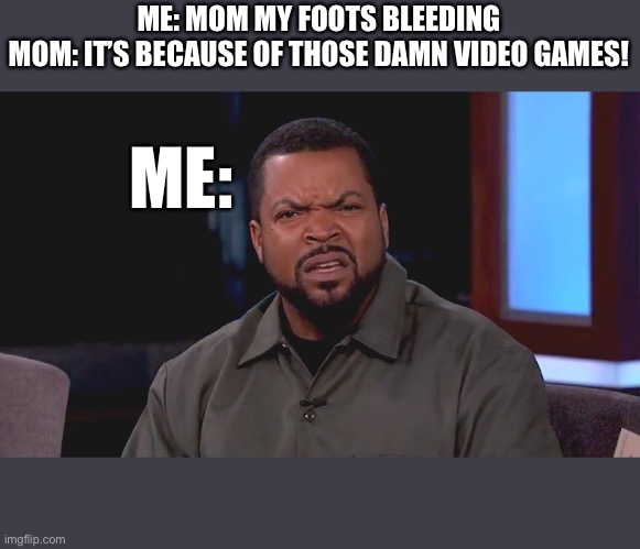 Really? Ice Cube | ME: MOM MY FOOTS BLEEDING
MOM: IT’S BECAUSE OF THOSE DAMN VIDEO GAMES! ME: | image tagged in really ice cube | made w/ Imgflip meme maker