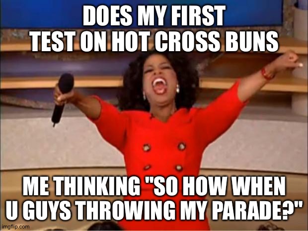 Oprah You Get A Meme | DOES MY FIRST TEST ON HOT CROSS BUNS; ME THINKING "SO HOW WHEN U GUYS THROWING MY PARADE?" | image tagged in memes,oprah you get a | made w/ Imgflip meme maker